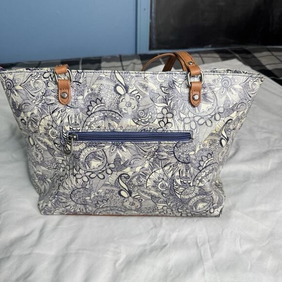 Sakroots Metro 2 Handle Tote Bag Navy and White Durable Purse Coated Canvas Bag - Picture 8 of 16